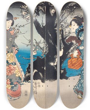 Triptych art skateboard deck of Utagawa Kunisada Toyokuni Iii Enjoying Plum Blossoms In The Evening by Utagawa Kunisada (Toyokuni III) (1786-1865)