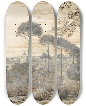 Triptych art skateboard deck of Joseph Wright Of Derby Landscape With Domed Church by Joseph Wright Of Derby (1734-1797)