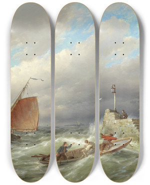 Triptych art skateboard deck of Pieter Cornelis Dommersen Borselen On The Scheldt Holland by Pieter Cornelis Dommersen (1833-1918)