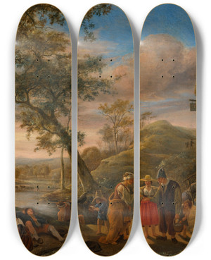 Triptych art skateboard deck of Jan Steen A Fortune Teller And Peasants Before An Inn With A River Landscape Beyond by Jan Steen (1626-1679) Triptych art skateboard deck of Jan Steen A Fortune Teller And Peasants Before An Inn With A River Landscape Beyond by Jan Steen (1626-1679)