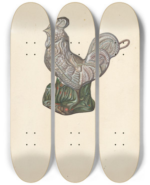 Triptych art skateboard deck of William O Fletcher Rooster Coin Bank by William O Fletcher