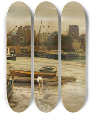 Triptych art skateboard deck of Charles Napier Hemy The Riverside Chelsea_2 by Charles Napier Hemy (1841-1917)