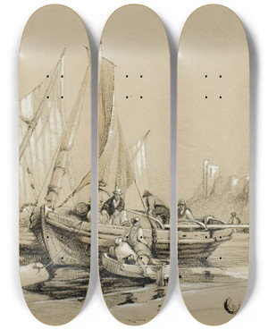 Triptych art skateboard deck of Eugne Blery Harbor With Cutters by Eugene Blery (1805-1887)