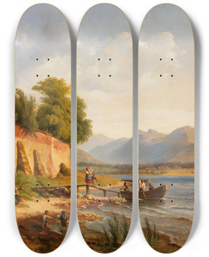 Triptych art skateboard deck of Louis Gurlitt Oberitalienische Kstenlandschaft Mit Figurenstaffage by Louis Gurlitt (1812-1897)