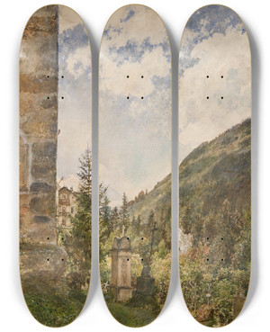 Triptych art skateboard deck of Rudolf Von Alt Der Friedhof In Gastein by Rudolf Von Alt (1812-1905)