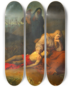 Triptych art skateboard deck of Karl Russ Hecabe With The Corpses Of Her Children Polyxena And Polydoros At The Tomb Of Achilles by Karl Russ (1779-1843)