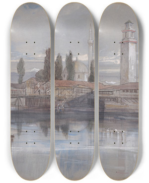 Triptych art skateboard deck of Edward Lear Monastir by Edward Lear (1812-1888)