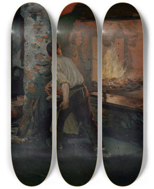 Triptych art skateboard deck of Dominik Skuteck Before The End Of Work by Dominik Skutecky (1849-1921)