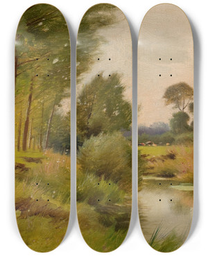 Triptych art skateboard deck of Ernest Parton On The Housatonic River Connecticut by Ernest Parton (1845-1933)