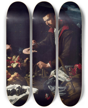 Triptych art skateboard deck of Giacomo Legi The Fruit Market by Giacomo Legi (1600-1640)