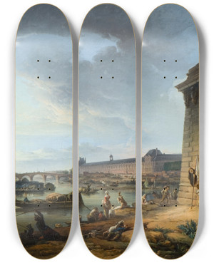 Triptych art skateboard deck of Elias Martin View Of Paris From The Embankment Beneath The Pont Neuf by Elias Martin (1739-1818)