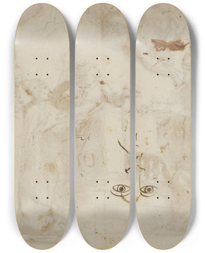 Triptych art skateboard deck of Antonio Aliense Skitse Af Et Skgget Ansigt by Antonio Aliense