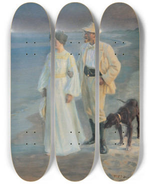 Triptych art skateboard deck of Peder Severin Kryer Summer Evening On The Beach At Skagen The Painter And His Wife by Peder Severin Kroyer (1851-1909)