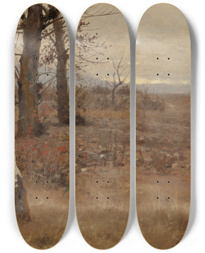 Triptych art skateboard deck of Herman Hartwich Birches In The Fall by Herman Hartwich (1853-1926)