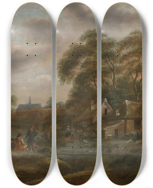 Triptych art skateboard deck of Nicolaes Molenaer A Wooded Landscape With A Village by Nicolaes Molenaer (1626-1676)