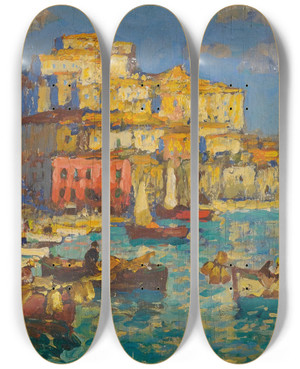 Triptych art skateboard deck of Konstantin Ivanovich Gorbatov The Harbour At Naples by Konstantin Ivanovich Gorbatov (1876-1945)