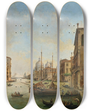 Triptych art skateboard deck of Luigi Querena Venice View Of The Grand Canal From Palazzo Cavallifranchetti With Santa Maria Della Salute In The Distance by Luigi Querena (1820-1887)