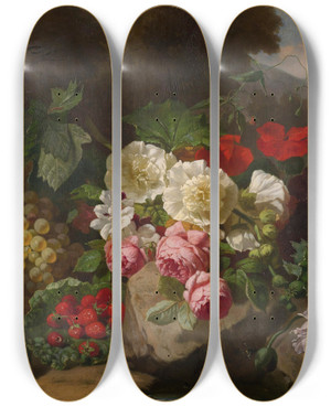Triptych art skateboard deck of Henri Robbe Still Life With Flowers And Fruit by Henri Robbe (1807-1899)