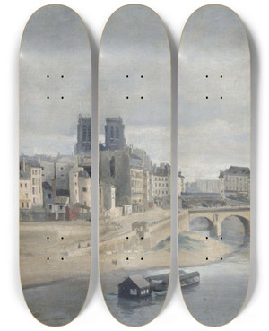 Triptych art skateboard deck of Jeanbaptistecamille Corot Le Quai Des Orfvres Et Le Pont Saint Michel by Jean-Baptiste-Camille Corot (1796-1875)