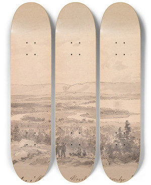 Triptych art skateboard deck of Hans Gude En Tiurleik I Holleia by Hans Gude (1825-1903)