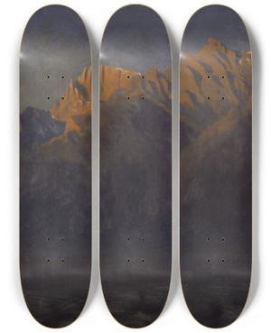 Triptych art skateboard deck of Albert Bierstadt Sunrise In The Sierras by Albert Bierstadt (1830-1902)