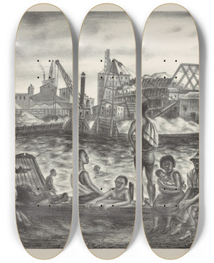 Triptych art skateboard deck of Saul Kovner Bathers Harlem River by Saul Kovner (1904-1981)