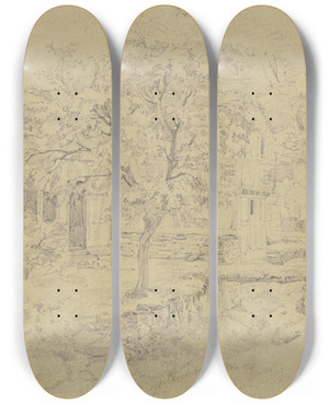 Triptych art skateboard deck of Jakob Frchtegott Dielmann Bauernhuser Unter Bumen Vor Demselben Ein Mahnmal Berbrckter Bach In Der Ferne Mehrere Kinder by Jakob Furchtegott Dielmann (1809-1885)