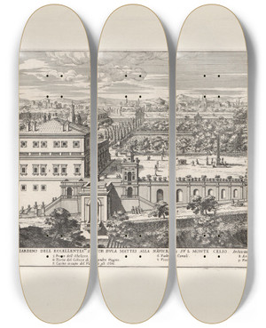 Triptych art skateboard deck of Giovanni Battista Falda Li Giardini Di Roma Con Le Loro Piante Alzate E Vedvte In Prospettiva Pl16 by Giovanni Battista Falda (1643-1678)