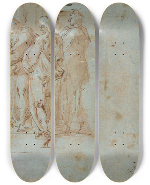Triptych art skateboard deck of Bartholomaeus Spranger Peter And John Heal A Cripple At The Gate Of The Temple by Bartholomaeus Spranger (1546-1611)