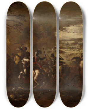 Triptych art skateboard deck of Francesco Simonini A Battle Scene by Francesco Simonini (1686-1755)