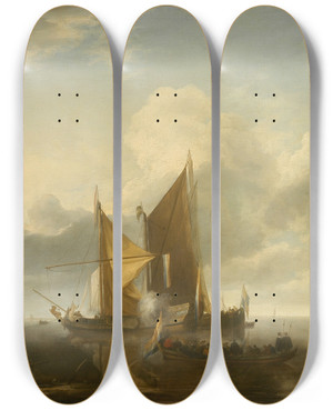 Triptych art skateboard deck of Jan Van De Cappelle Ships In A Calm by Jan van de Cappelle (1626-1679)