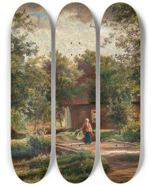 Triptych art skateboard deck of Alois Kirnig Rural Idyll Mother Returning Home by Alois Kirnig (1840-1911)