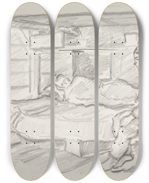 Triptych art skateboard deck of Ivan Ivanec Scena W Wntrzu Baraku Obozowego by Ivan Ivanec (1893-1946)