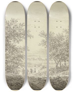 Triptych art skateboard deck of Karl Franz Kraul Waldausgang Mit Blick Auf Ein Drfchen Im Vordergrund Vier Figuren by Karl Franz Kraul (1754-1796)