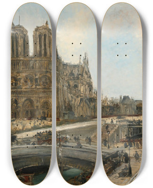 Triptych art skateboard deck of Douardjacques Dufeu View Of Paris With Notre Dame by Edouard Jacques Dufeu (1840-1900)