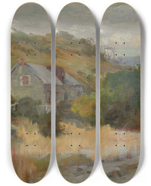 Triptych art skateboard deck of Edward Fristrm Homestead Lake Wakatipu Queenstown No1 by Edward Fristrom (1864-1950)