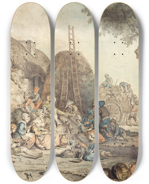 Triptych art skateboard deck of Jean Franois Janinet The Harvesters Lunch by Jean Francois Janinet (1752-1814)