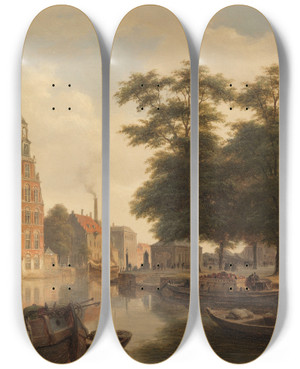 Triptych art skateboard deck of Bartholomeus Johannes Van Hove Sommerliche Stadtansicht by Bartholomeus Johannes Van Hove (1790-1880)