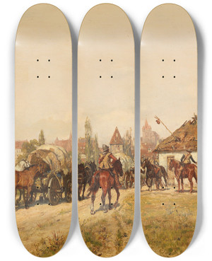 Triptych art skateboard deck of Wilhelm Velten Heimkehrende Truppen Vor Den Toren Der Stadt by Wilhelm Velten (1847-1929)