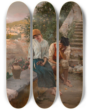 Triptych art skateboard deck of Fabio Cipolla An Amorous Interlude by Fabio Cipolla (1854-1914)