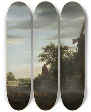 Triptych art skateboard deck of Jacob Van Ruisdael Landscape With A Windmill by Jacob Van Ruisdael (1628-1682)