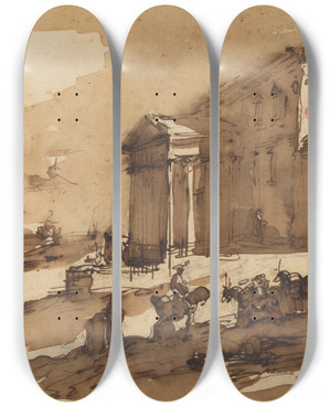 Triptych art skateboard deck of Giuseppe Bernardino Bison Capriccio Of A Port Scene by Giuseppe Bernardino Bison (1762-1844)
