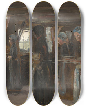 Triptych art skateboard deck of Max Liebermann Kompositionsstudie Zur Flachsscheuer In Laren by Max Liebermann (1847-1935)