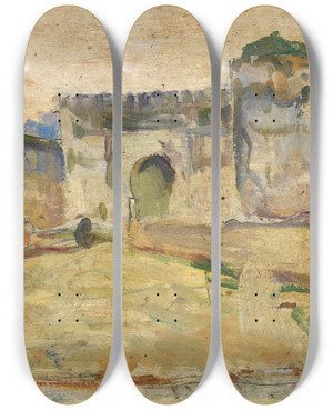 Triptych art skateboard deck of Henry Ossawa Tanner Street Scene Tangier Crenelated Architecture by Henry Ossawa Tanner (1859-1937)