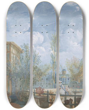 Triptych art skateboard deck of Jean Dmosthne Dugourc Figures In A Garden by Jean Demosthene Dugourc (1749-1825)