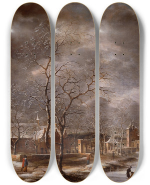 Triptych art skateboard deck of Jan Abrahamsz Beerstraaten Warmond Castle In A Winter Landscape by Jan Abrahamsz Beerstraaten (1622-1666)