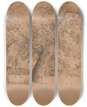 Triptych art skateboard deck of Jacquesraymond Brascassat Enclos Avec Deux Arbres by Jacques Raymond Brascassat (1804-1867)