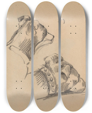 Triptych art skateboard deck of Reinier Willem Petrus De Vries Koppen Van Een Hond by Reinier Willem Petrus De Vries (1874-1952)