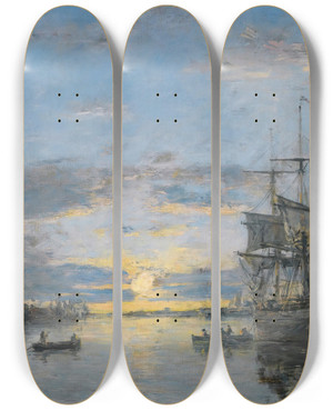 Triptych art skateboard deck of Eugne Boudin Le Havre Lavantport Au Soleil Couchant by Eugene Boudin (1824-1898)