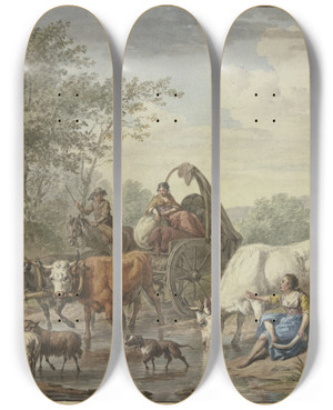 Triptych art skateboard deck of Aert Schouman Hirten Fahren Mit Einem Wagen Durchs Wasser Rechts Eine Hirtin Die Sich Die Fe Wscht Bei Einer Weien Kuh by Aert Schouman (1710-1792)